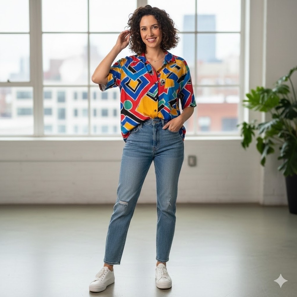 Bobbie Brooks Geometric Print Short Sleeve Button Up Shirt Women 90s VTG Large